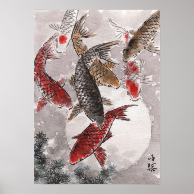 LinLi China Watercolor Art Impressão - Peixe KOI # (Frente)