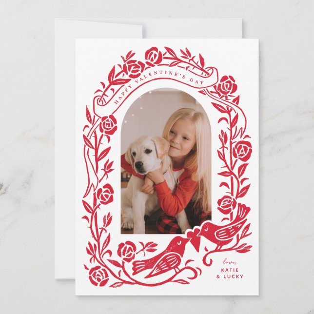 Linocut lovebird e rosa (Frente)