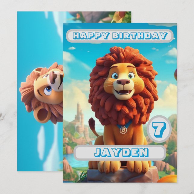 Lion Birthday Card Personalizado Kids Nome Idade (Frente/Verso)