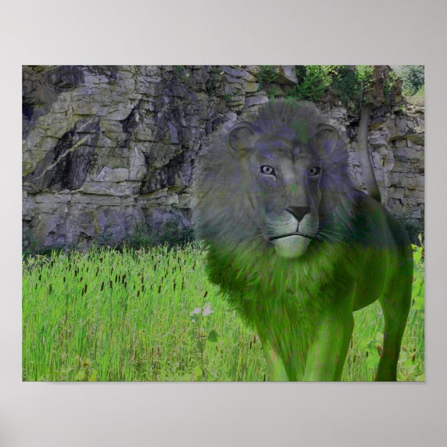 Lion Cattails Stone Wall Fantasy Art Poster (Frente)