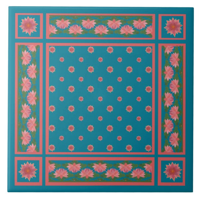 Lírios cor-de-rosa com Azulejo cerâmico azul profu (Frente)