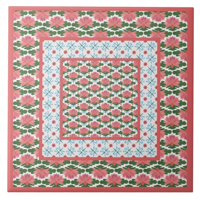 Lírios De Água Rosa, Dragões Azuis: Azulejo Cerâmi (Frente)