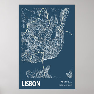 Lisboa Portugal - Mapa da Linha Art Blue Impressão