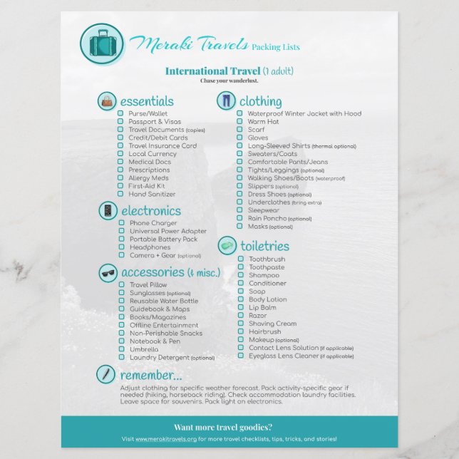 Lista de embalagem: Viagem internacional (1 adulto (Frente)