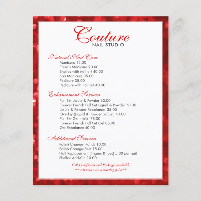 Lista de menus de folheto vermelho-rubi (Frente)