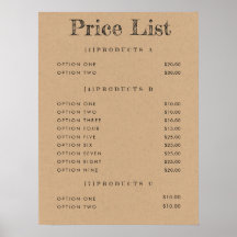 Lista de Preços de Fundo Kraft Menu Impressão Matt