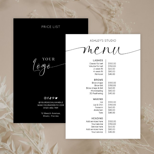 Lista de preços do menu comercial do logotipo míni (Elegant business price list menu in black and white with stylish script font)