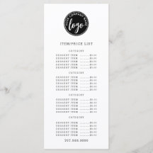 Lista de preços do menu de logotipo