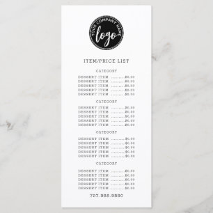 Lista de preços do menu de logotipo