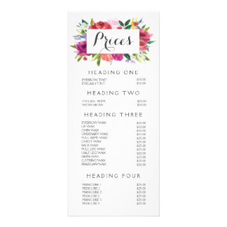 Lista de Preços do Menu Stylist do Salão Floral de