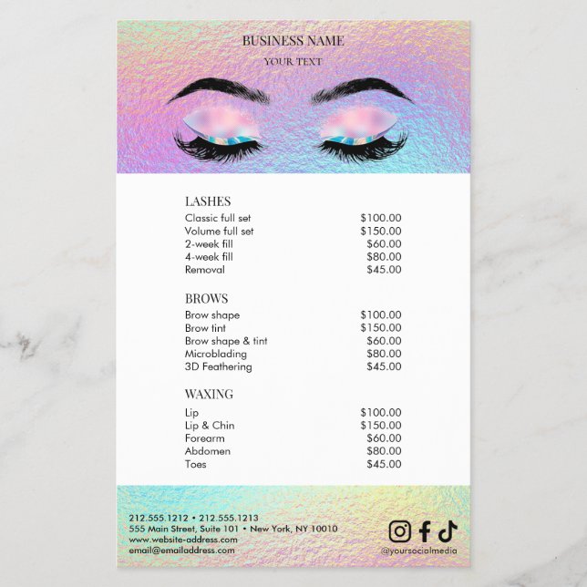Lista de Preços do Salão Holográfico Menu (Frente)