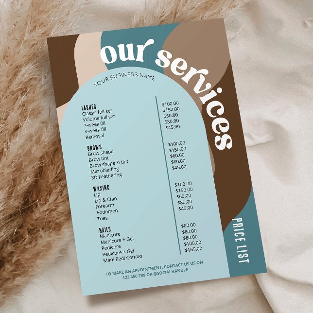 Lista de Preços dos Serviços Comerciais Tendência  (Modern retro style business price list with retro fonts, arch background in light blue + beige)