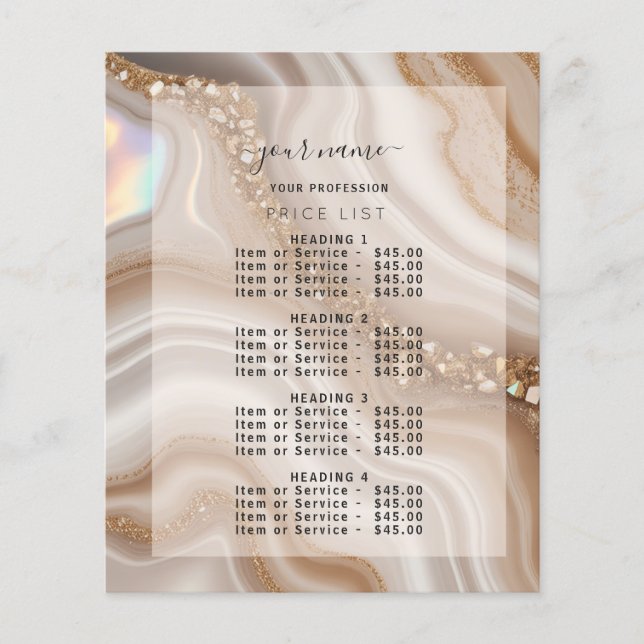Lista de Preços Moderno Bege Neutro Dourado Menu (Frente)