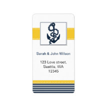 listras azuis, âncora, etiquetas de casamento náut