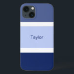 Listras Náuticas Personalizadas Azul e Branco<br><div class="desc">Você vai adorar esta capa de celular com tonalidade náutica estilosa com um padrão de listras azuis e brancas. Várias tonalidades de listras azuis largas e listras brancas finas. Personalizado com o seu nome impresso em texto azul.</div>