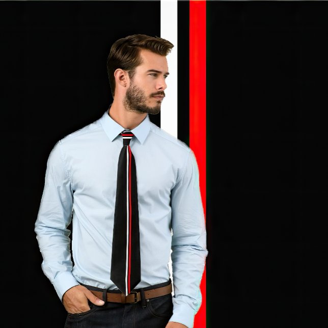Listras Verticais Brancas e Vermelhas na Gravata N (Man wears a black tie featuring single vertical stripes in white and red.  Background matches tie.)