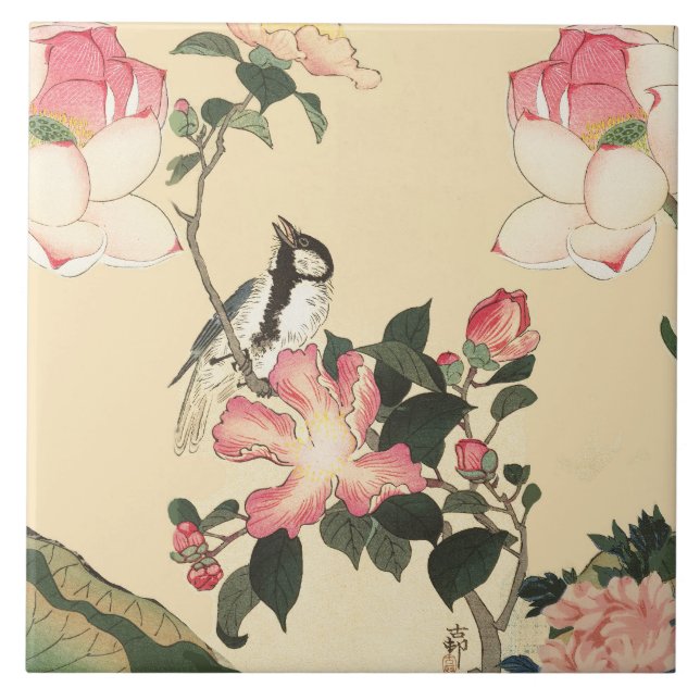 LITTLE BIRD WITH PINK ROSES AND LOTUS FLOWERS (Frente)