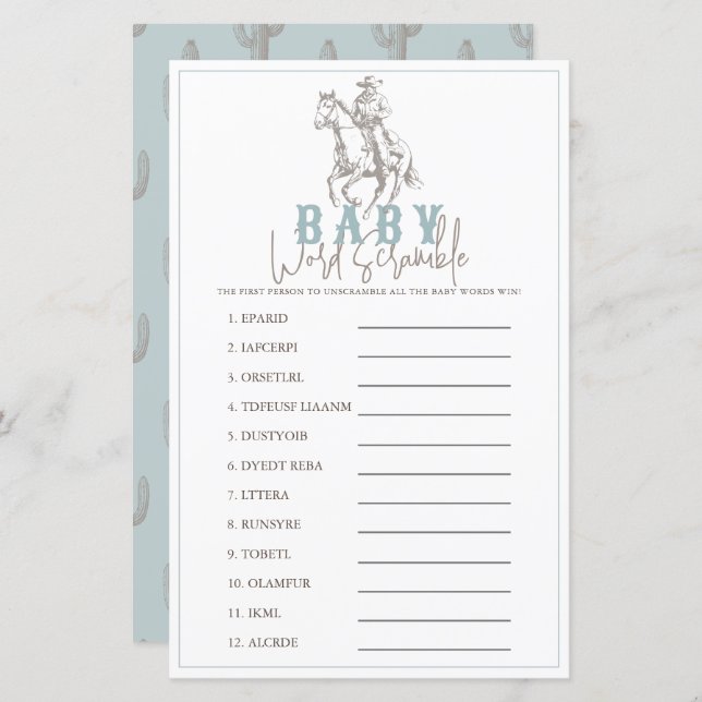 Little Cowboy Western Blue Baby Word Scramble (Frente/Verso)