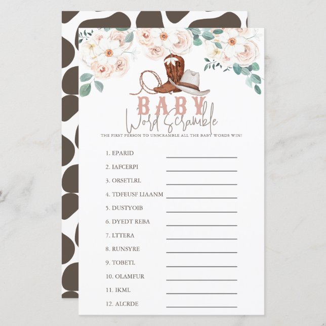 Little Cowgirl Western Floral Baby Word Scramble (Frente/Verso)