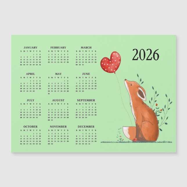 Little Fox Design 2026 Calendar Magnetic Card (Frente)