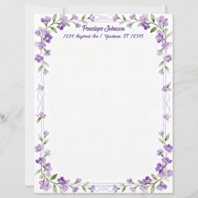Little Purple Flowers on a Frame Stationery Paper (Frente)