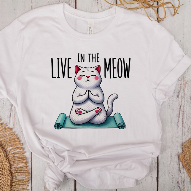 "Live in the Meow" Engraçados amantes de gatos ("Live in the Meow" Funny Cat Lovers Tri-Blend Shirt on a desk with boho decoration)