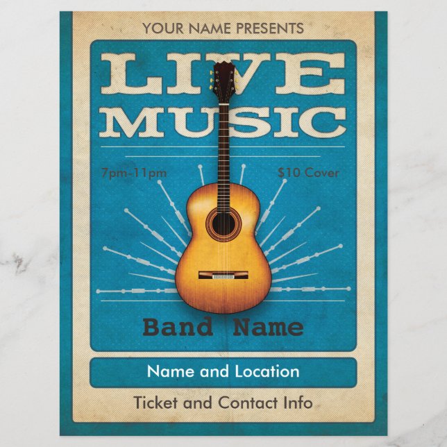 Live Music Acoustic Guitar Flyer Blue (Frente)