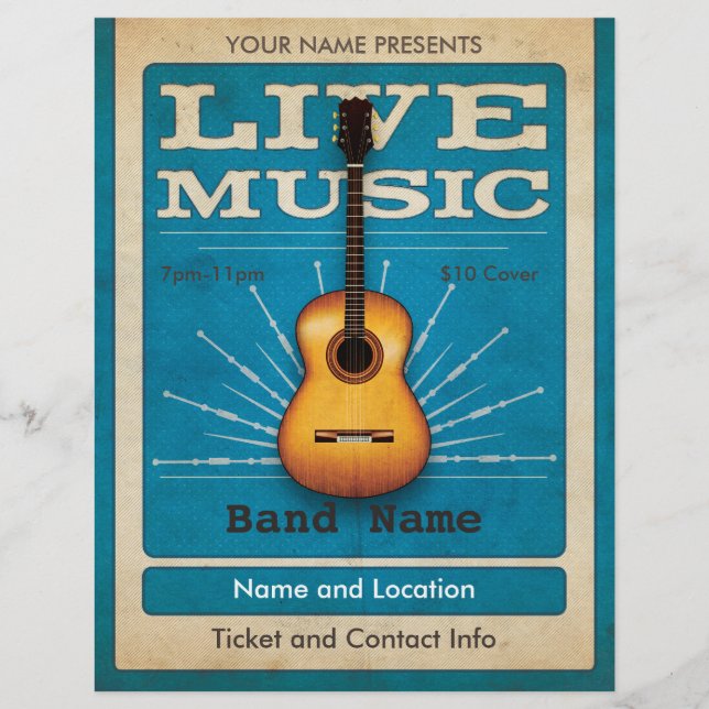 Live Music Acoustic Guitar Flyer Blue (Frente)