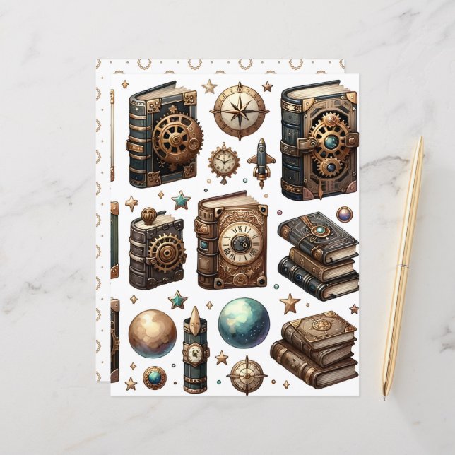Livro Celestial Steampunk Ephemera Scrapbook Paper (Frente/Verso In Situ)