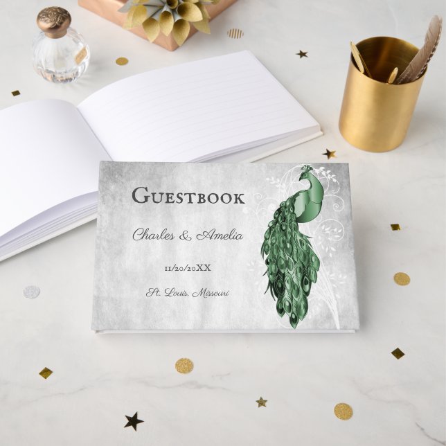 Livro Convidado de Casamento de Peacock Verde Emer (Frente aberta)
