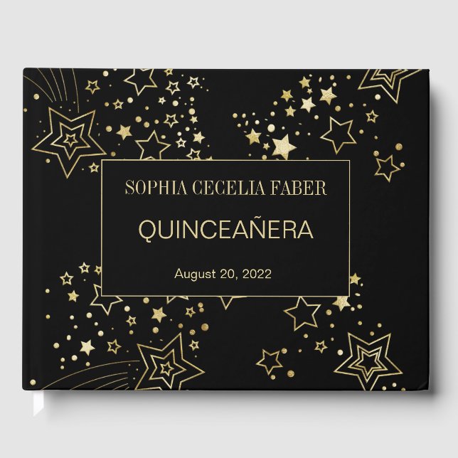 Livro Convidado de Quinceanera Preto e Dourado (Frente)