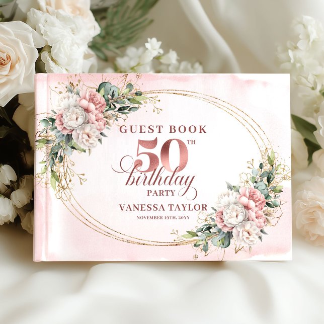 Livro de Aniversário de 50 Anos Rose Gold Botânico (Graceful Botanical Rose Gold 50th Birthday Guest Book)