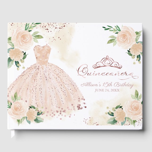 Livro de Convidado da Quinceanera Floral Cor-de-Ro (Frente)
