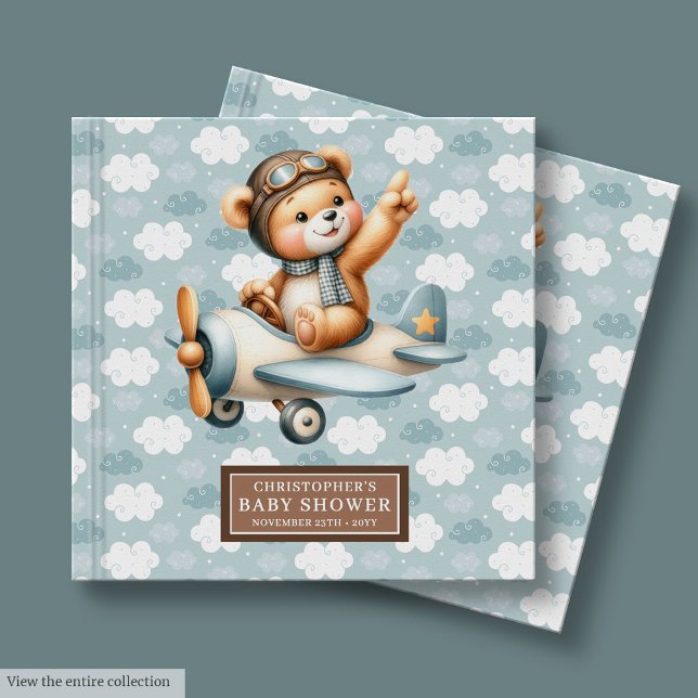 Livro de Convidado do Piloto do Urso Vermelho Cast (Blue Brown Teddy Bear Pilot Baby Shower Guest Book)