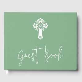 Livro de Convidado Floral Cross Christening Sage G
