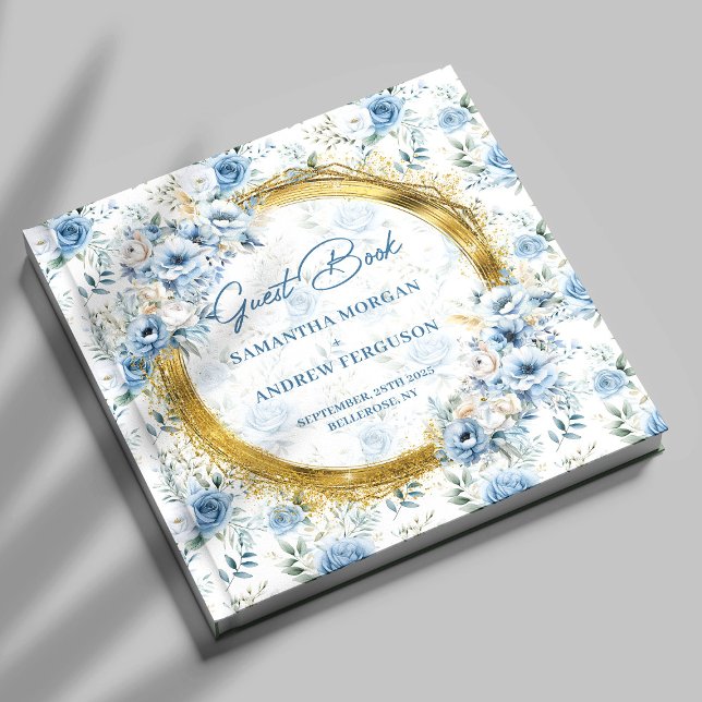 Livro de Convidados Clássico Azul Dourado de Casam (Classic Light Blue Gold Glitter Wedding Guest Book)