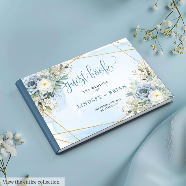 Livro de Convidados das Flores Douradas Azuis Clás (Classic Dusty Blue White Gold Flowers Guest Book)