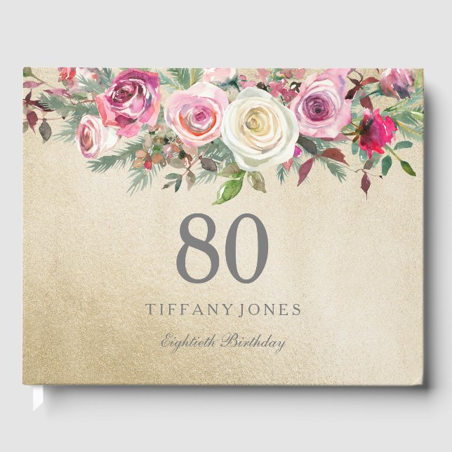 Livro de Convidados de Boas Brancas Douradas Rosa  (Frente)