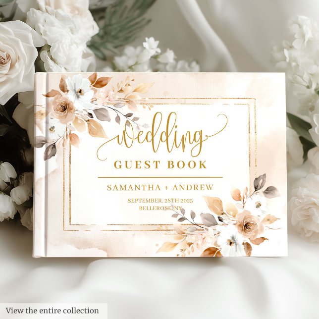 Livro de Convidados de Casamento de Buquê de Boho  (Beige & Gold Boho Fall Bouquet Wedding Guest Book)