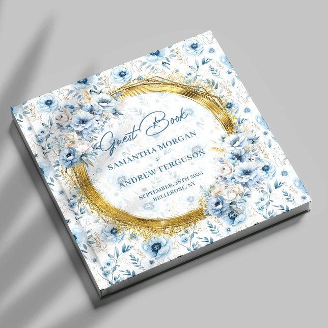 Livro de Convidados de Casamento Dourado com Brilh (Modern Light Blue Gold Glitter Wedding Guest Book)