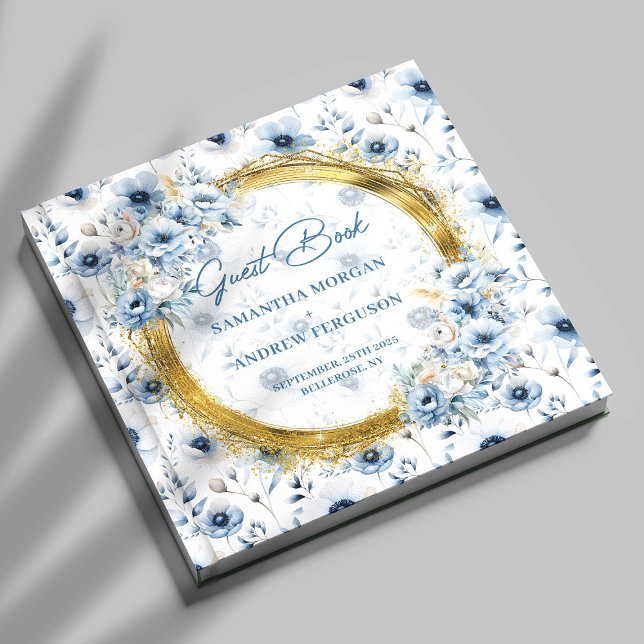 Livro de Convidados de Casamento Dourado com Glitt (Chic Pastel Blue Gold Glitter Wedding Guest Book)