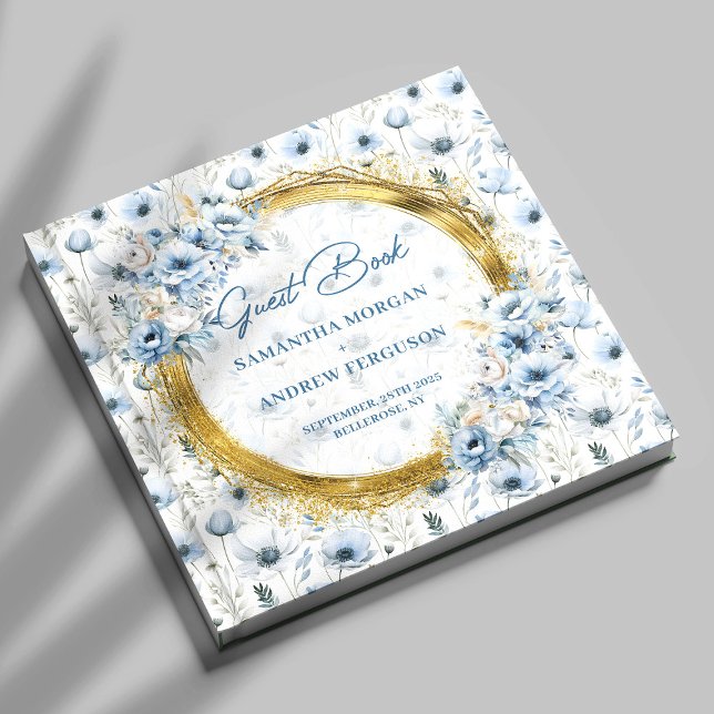 Livro de Convidados de Casamento Dourado com Glitt (Custom Dusty Blue Gold Glitter Wedding Guest Book)