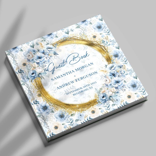 Livro de Convidados de Casamento Dourado com Lumin (Unique Pastel Blue Gold Glitter Wedding Guest Book)