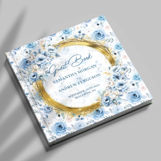 Livro de Convidados de Casamento Dourado com Lusas (Custom Pastel Blue Gold Glitter Wedding Guest Book)