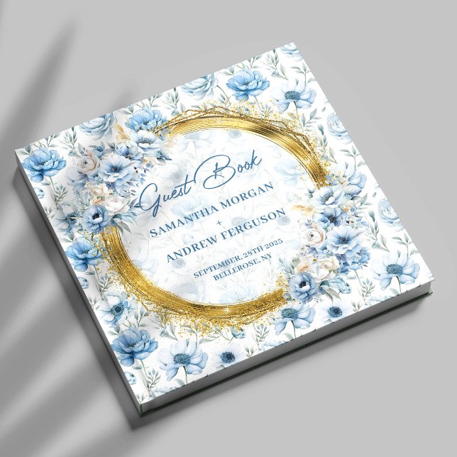 Livro de Convidados de Casamento Dourado com Lusas (Modern Pastel Blue Gold Glitter Wedding Guest Book)
