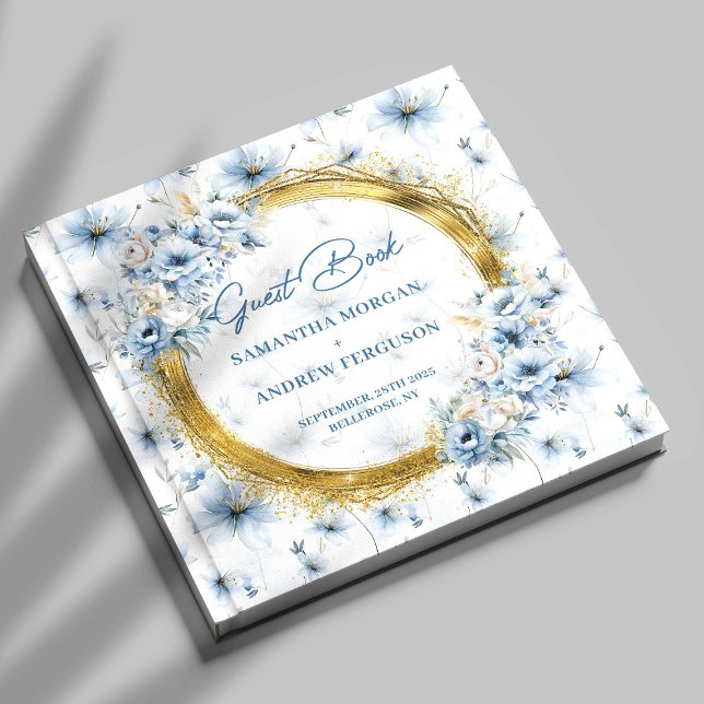 Livro de Convidados de Casamento Dourado de Lumino (Elegant Light Blue Gold Glitter Wedding Guest Book)