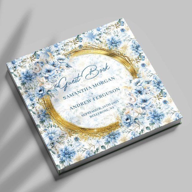 Livro de Convidados de Casamento Dourado de Lumino (Unique Light Blue Gold Glitter Wedding Guest Book)