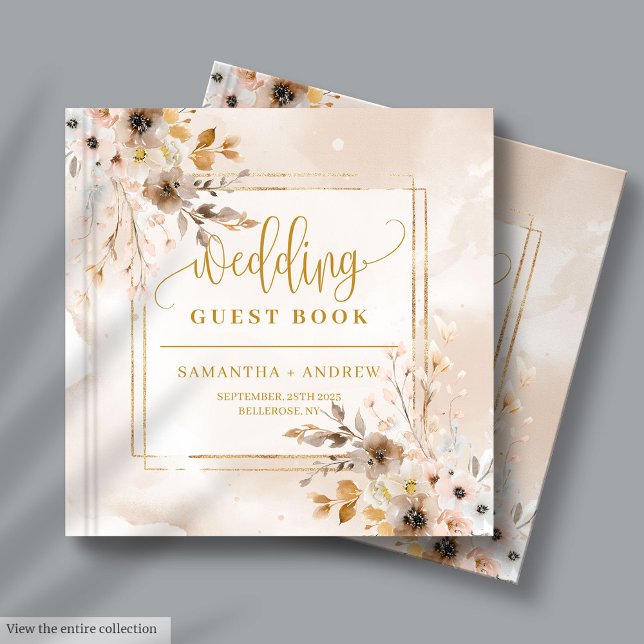 Livro de Convidados de Casamento Floral de Boho e  (Blush and Gold Boho Fall Floral Wedding Guest Book

)