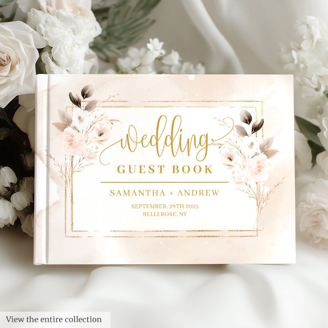 Livro de Convidados de Casamento Floral Dourado Co (Elegant Blush Pink Gold Floral Wedding Guest Book)