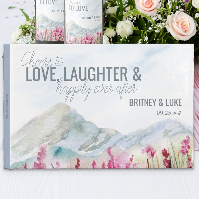 Livro de Convidados de Paisagem de Casamento de Mo (Cheers to Love Laughter & Happily Ever After wedding guest book from Mountain Meadow collection)